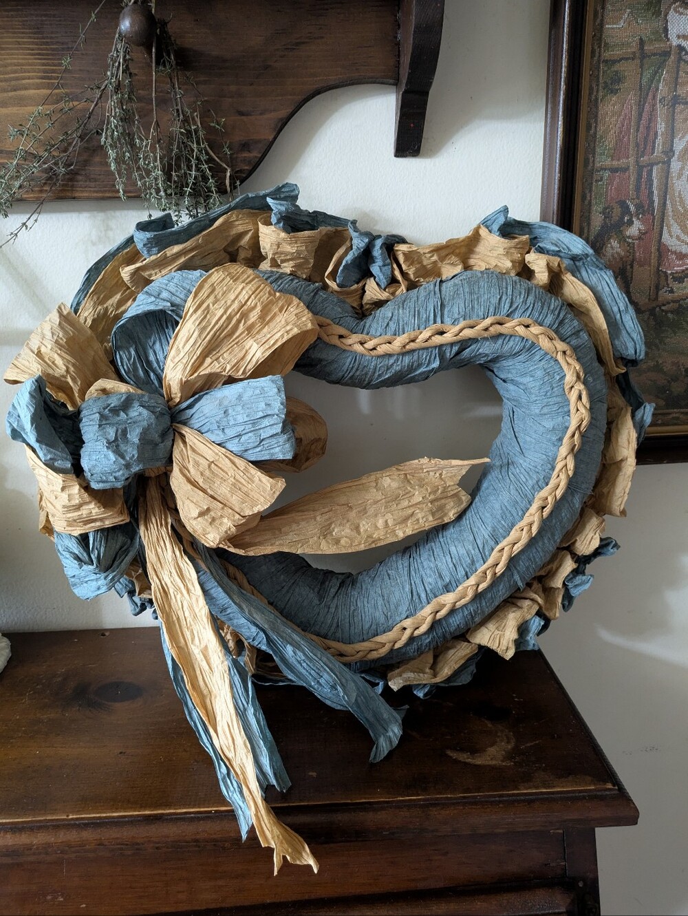 Vintage Country Ruffled Paper Ribbon Heart Wreath Blue Tan Farmhouse Decor
